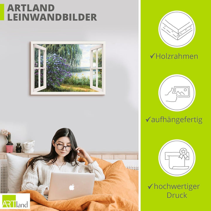 ARTland Leinwandbilder Wandbild Bild auf Leinwand 100x70 cm Landschaften Fensterblick J4WF Hortensie