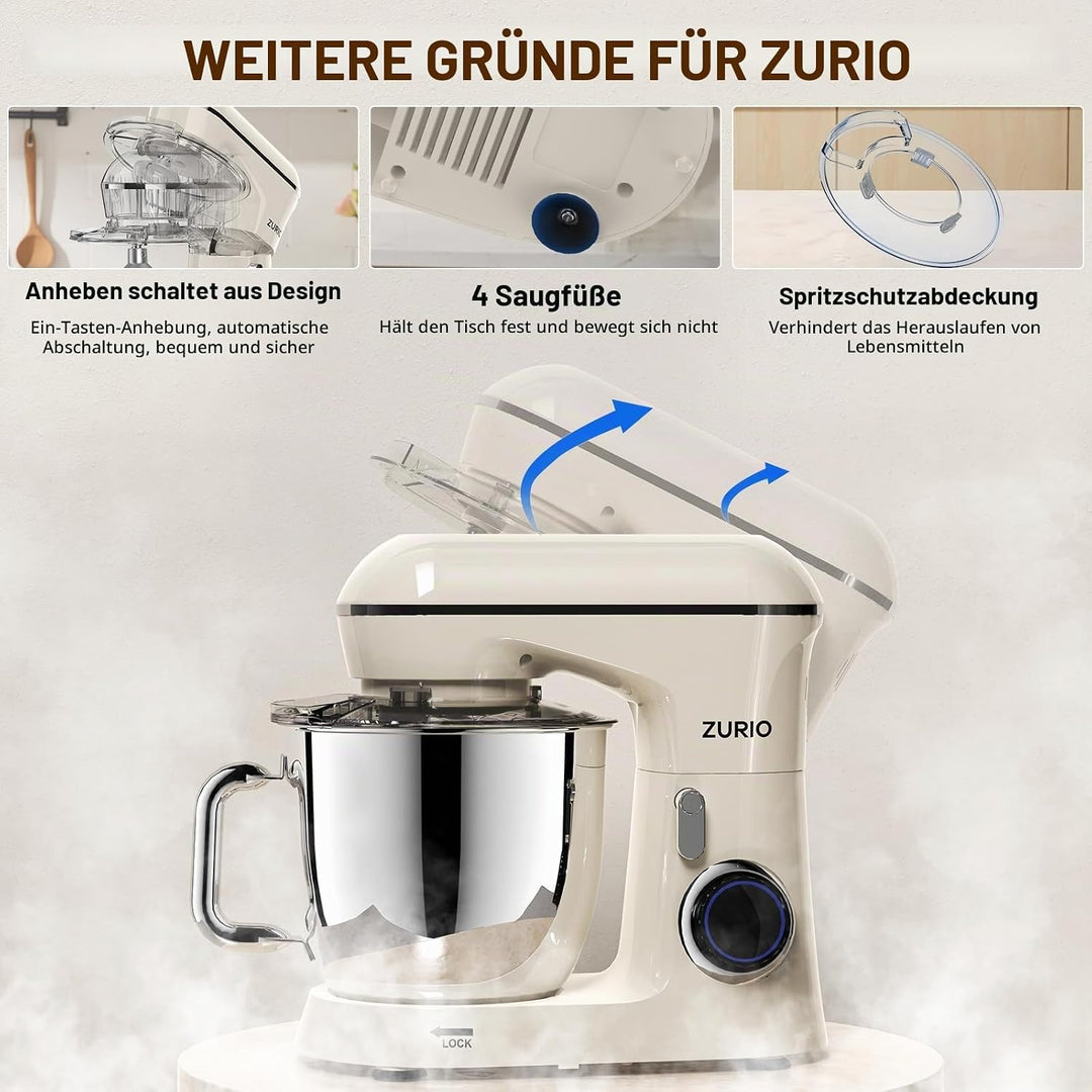 Küchenmaschine Rührmaschine 1300W Zurio 5.5L Knetmaschine Rührmaschine 10 Gang Roboter Knetmaschine