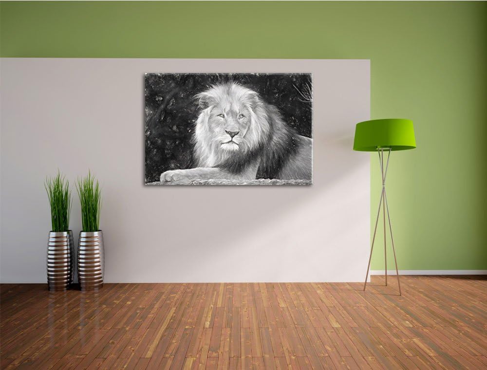 maiestätischer Löwe auf Stein schwarz/weiss Deluxe Format: 100x70 cm auf Leinwand, XXL riesige Bilde