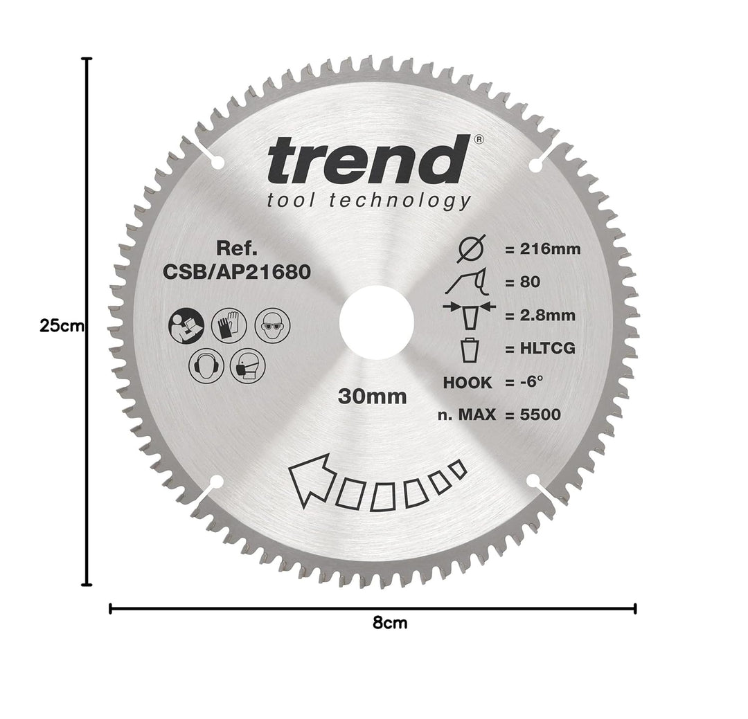 Trend CraftPro Arbeitsplatte Aluminium und Kunststoff TCT Kreissägeblatt, 216mm Durchmesser x 80 Zäh