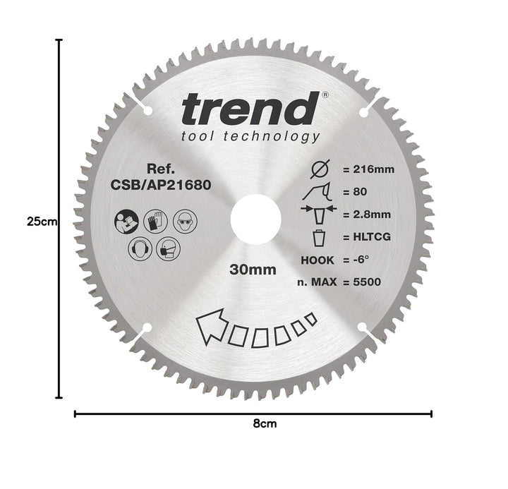 Trend CraftPro Arbeitsplatte Aluminium und Kunststoff TCT Kreissägeblatt, 216mm Durchmesser x 80 Zäh