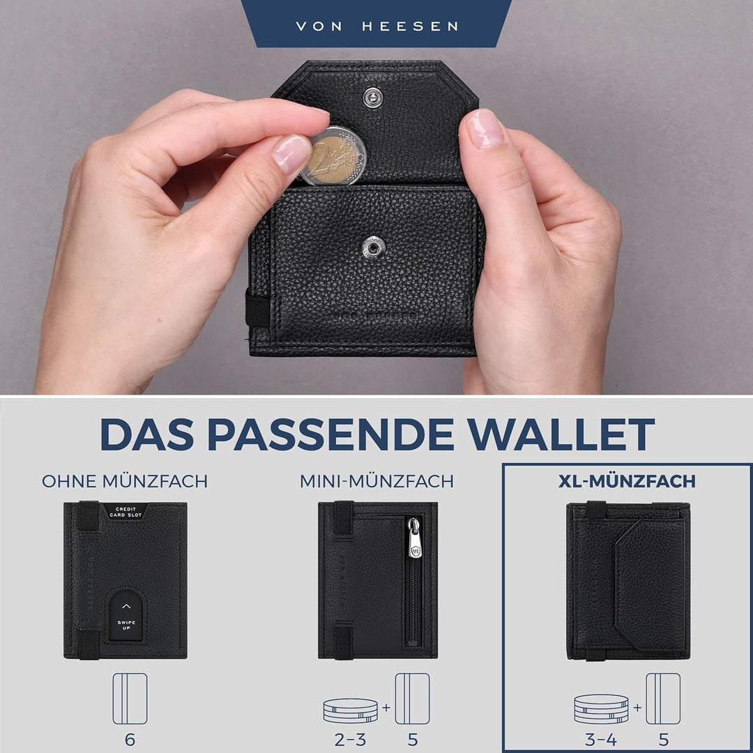 VON HEESEN Slim Wallet mit XL Münzfach &amp; RFID-Schutz - Leder Geldbeutel - Mini Geldbörse für Herren