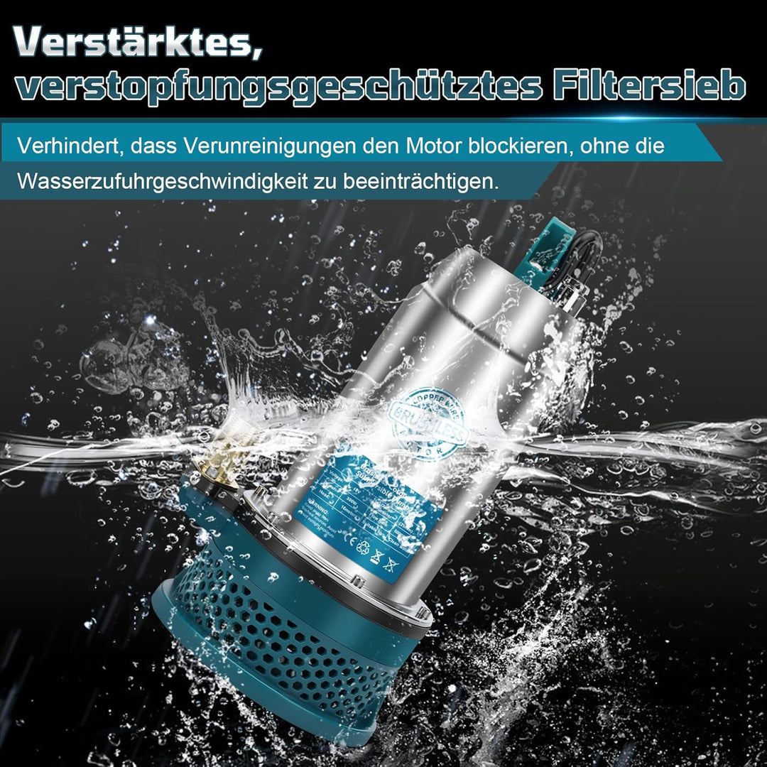 Tauchpumpe kompatibel mit Makita 18V Akku (keine Batterie)– 5000L/H Kabellose Wasserpumpe mit 10m Sc
