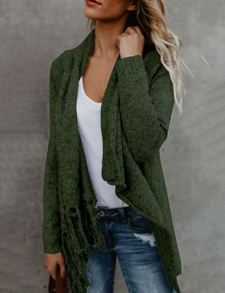 CEASIKERY Damen-Poncho mit Fransen, Pullover, Lange Strickjacke, Strickpullover, Mantel S Grün, S Gr