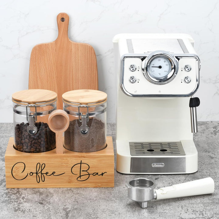 Kaffeedosen-Set aus Glas mit Bambusregal und Löffel, 2 luftdichte Behälter (je 1,3 l) für Kaffeebohn
