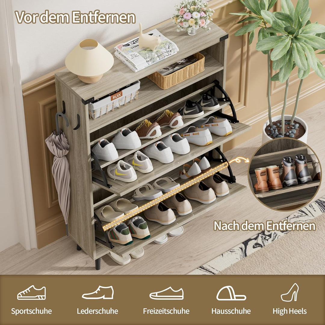 Schuhschrank Schmal, Schuhregal mit 2 Klappen, Schuhkipper mit 4 Ablageflächen, Schuhkommode mit off