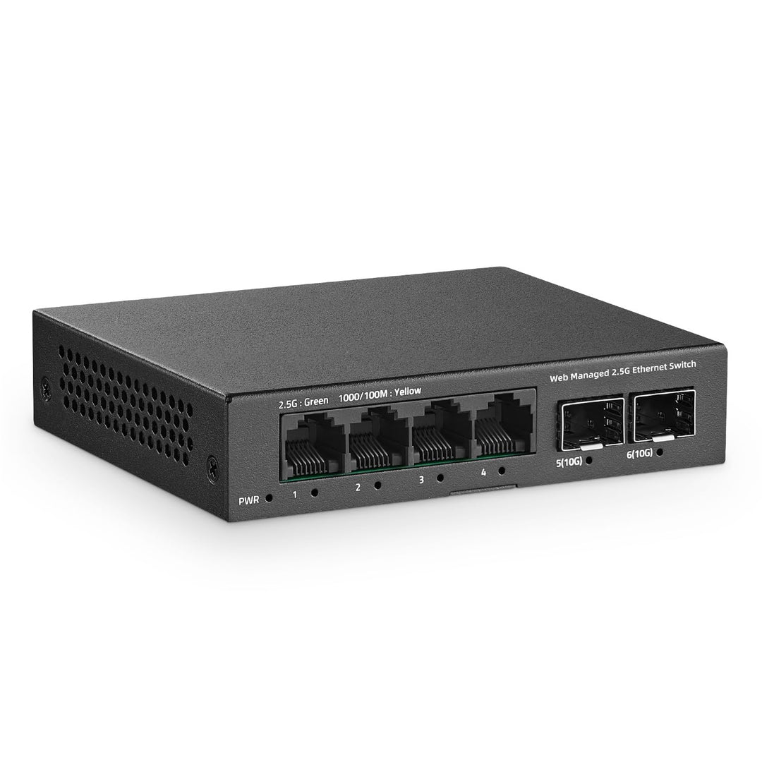 YuLinca 6 Port 2.5G Easy Web Managed Switch, 4 x 2.5Gbps Base-T Ports und 2 x 10G SFP+ Slot, unterst