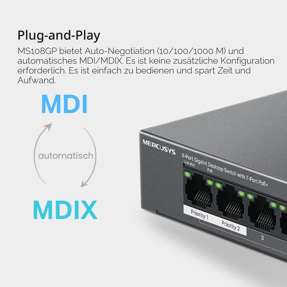 MERCUSYS MS108GP Gigabit RJ45 Switch, 8 Ports, 7 PoE+ Ports, PoE-Übertragung bis zu 250 Meter, Ether
