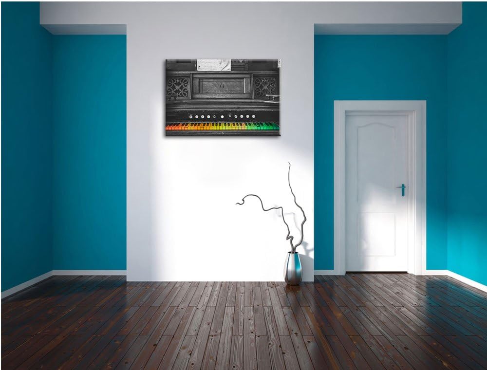 altes Klavier mit bunten Tasten schwarz/weiss Format: 100x70 auf Leinwand, XXL riesige Bilder fertig