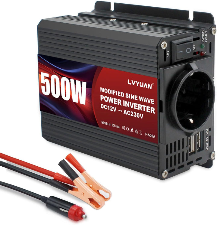 LVYUAN Wechselrichter 12V auf 230V 500W Spannungswandler, Stromwandler mit Dual-USB-Anschluss und EU
