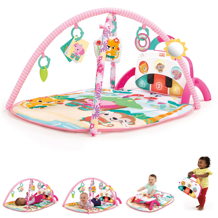 Bright Starts, 4-in-1 Groovin’ Kicks Piano and Drum Activity Gym Play Mat, Detachable Toys, Language