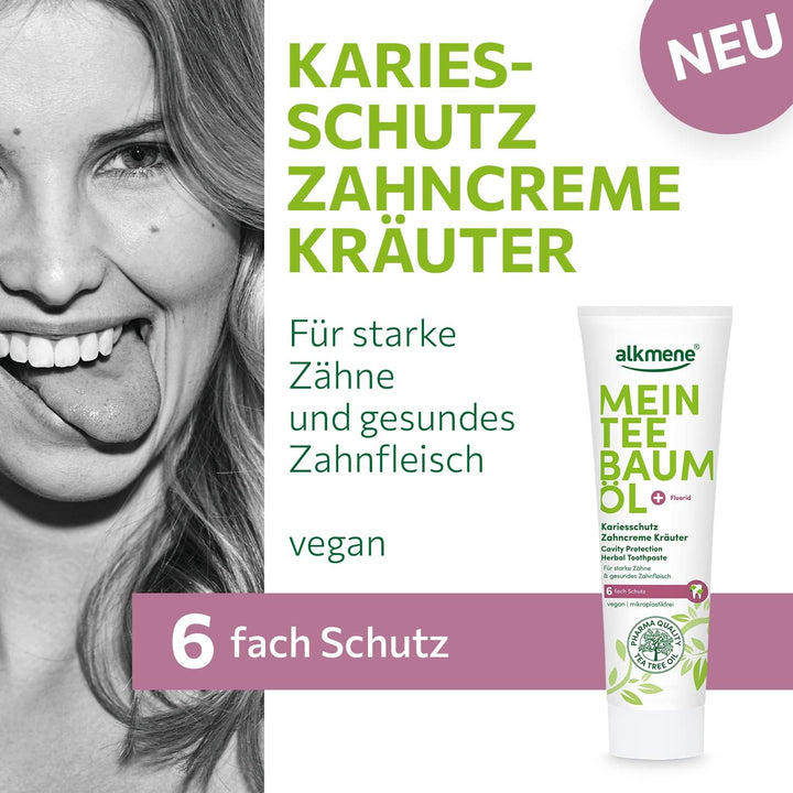 alkmene Mein Teebaumöl Kariesschutz Zahncreme Kräuter 2x 100 ml mit 6fach Schutz - naturreines Teeba