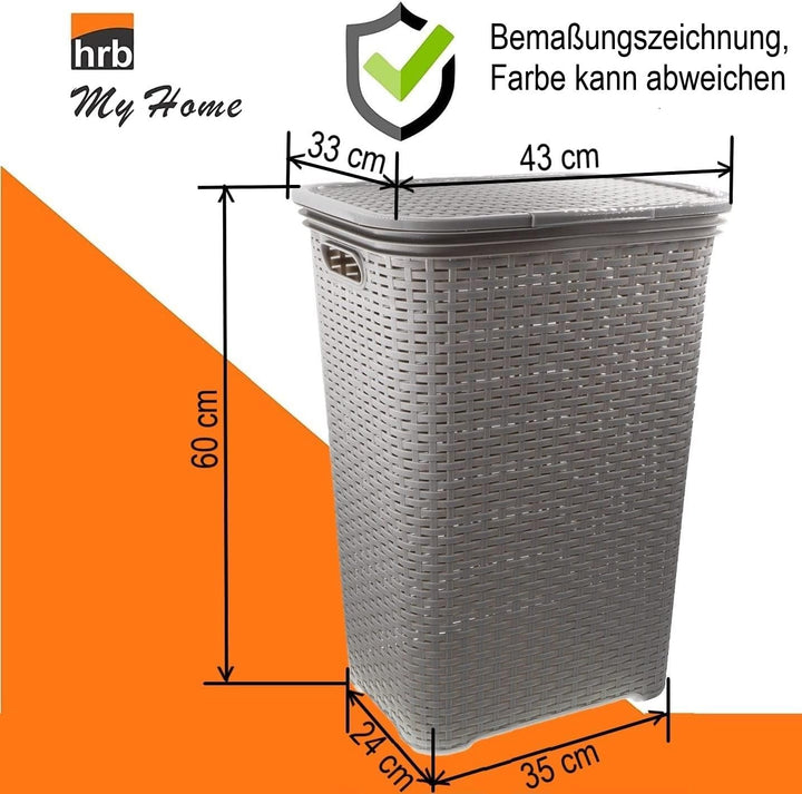 HRB Wäschekorb mit Deckel Rattan, Wäscheaufbewahrung aus Kunststoff, Wäsche Sortierer (65 L - Eckig,