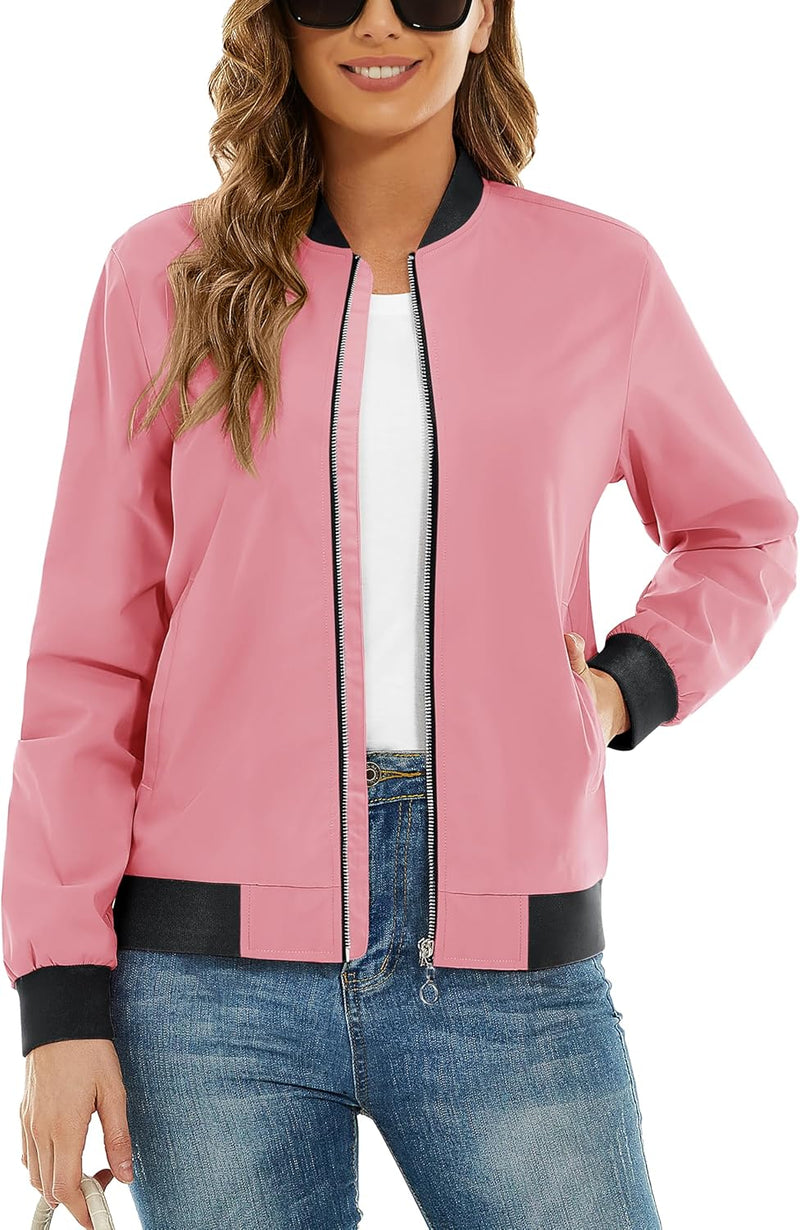 TACVASEN Damen Leicht Bomberjacke Casual College Jacket Sommer Fliegerjacke Sweatjacke M Rosa, M Ros