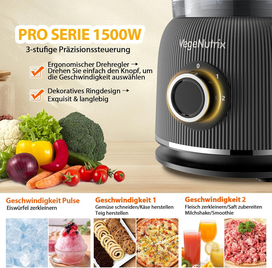 Küchenmaschine und Mixer Kombination 1500W, 2,5L Zerkleinerer für Fleisch, Gemüse und Teig, 2L Stand