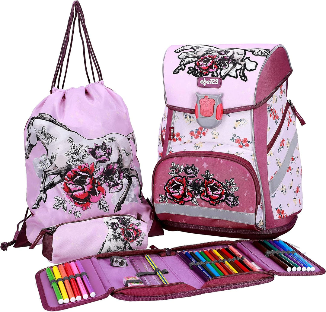 Pferde Horses Schulranzen Mädchen 1 Klasse | Tornister Schulrucksack Schultasche | Set 4 teilig | fü