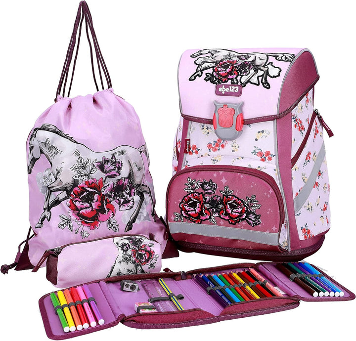 Pferde Horses Schulranzen Mädchen 1 Klasse | Tornister Schulrucksack Schultasche | Set 4 teilig | fü