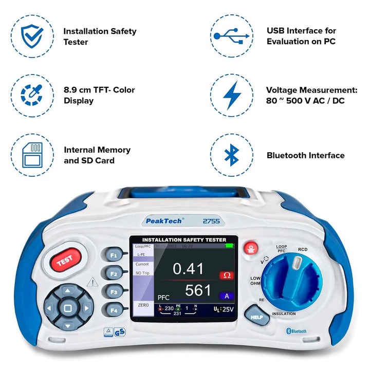 PeakTech 2755 – VDE-0100 Installationstester mit Bluetooth & True RMS Digital Multimeter mit 4.0 Blu