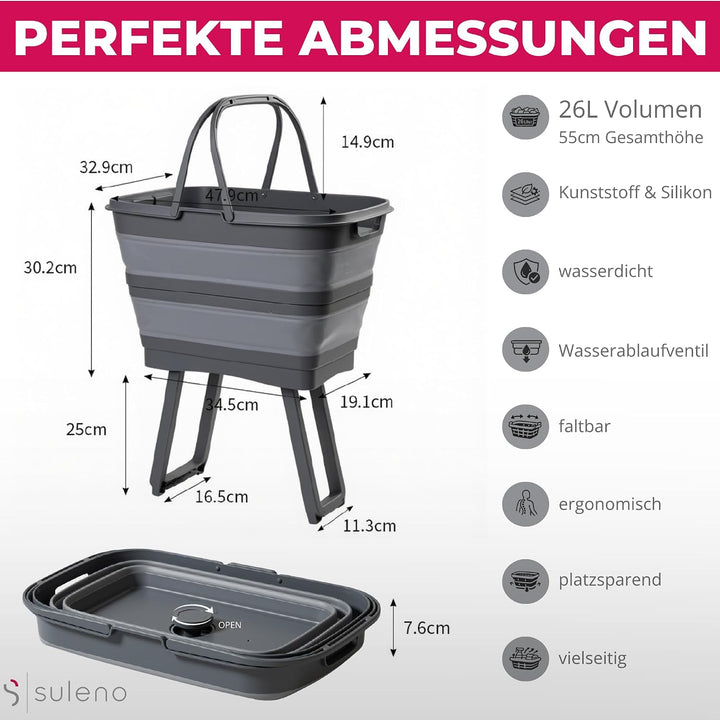 Faltbare Multifunktions-Waschwanne mit Ablauf - 26 L (Anthrazit), Anthrazit