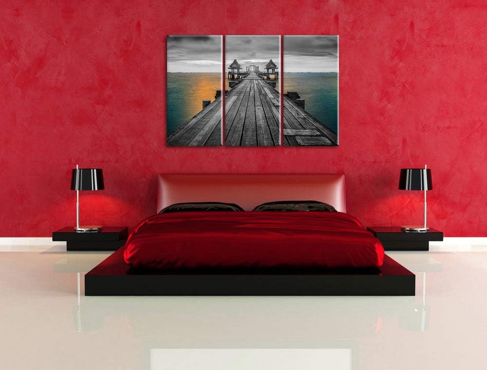 Pixxprint Bootssteg beim Sonnenuntergang als Leinwandbild | Grösse: 3 Teilig (120x80) | Wandbild| Ku