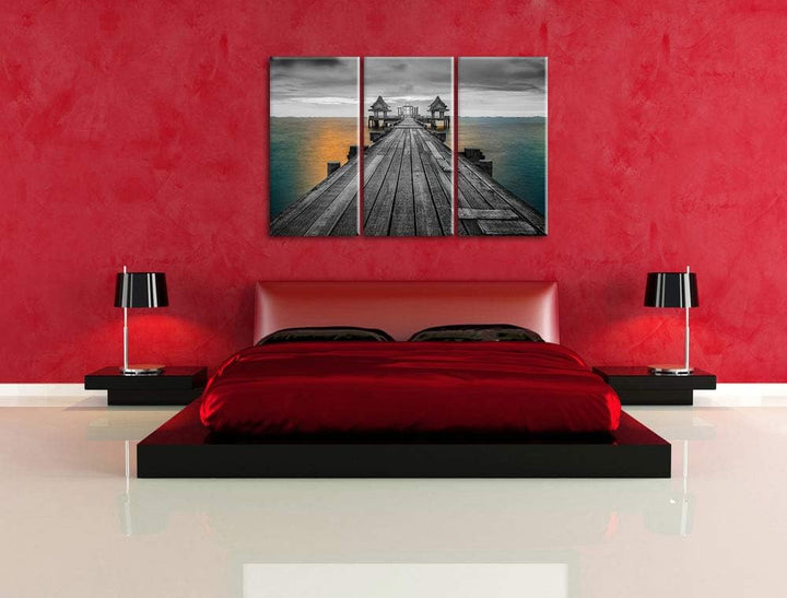 Pixxprint Bootssteg beim Sonnenuntergang als Leinwandbild | Grösse: 3 Teilig (120x80) | Wandbild| Ku