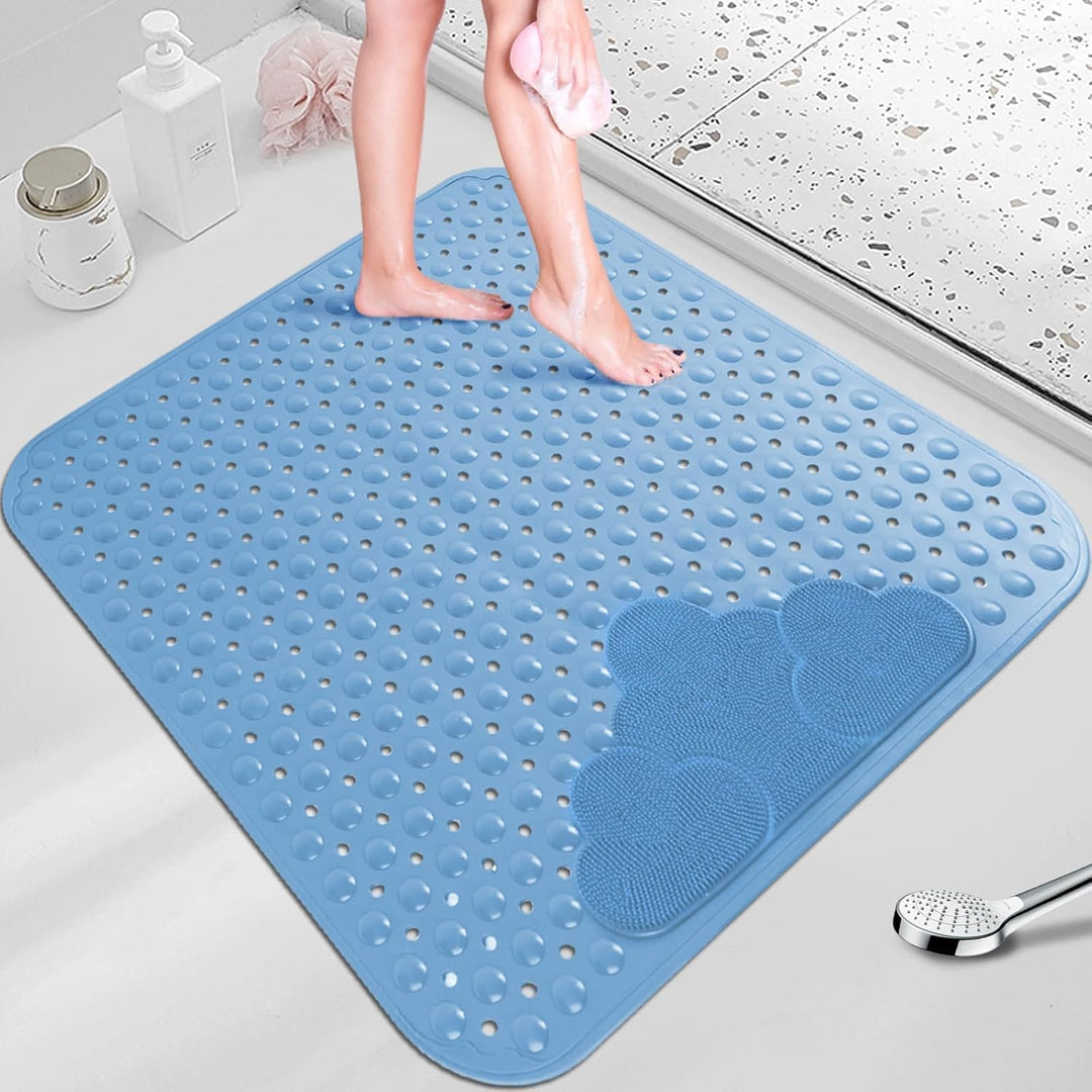 Duschmatte rutschfest 80x80cm,Antirutschmatte Dusche aus TPE,Blau | mit Fussbürsten-Zone,mit Saugnäp