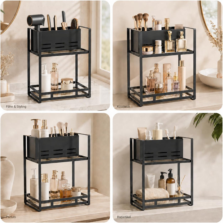 Kosmetik Organizer mit Föhnhalter, 2 Ebenen Badezimmer Organizer aus Metall, Make Up Organizer für S