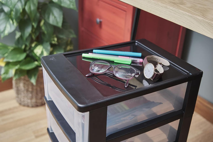 Iris Ohyama, Kunststoff Schubladenbox mit 5 flachen Schubladen, Schwarz, Easy-Pull-System, A4, A5 &