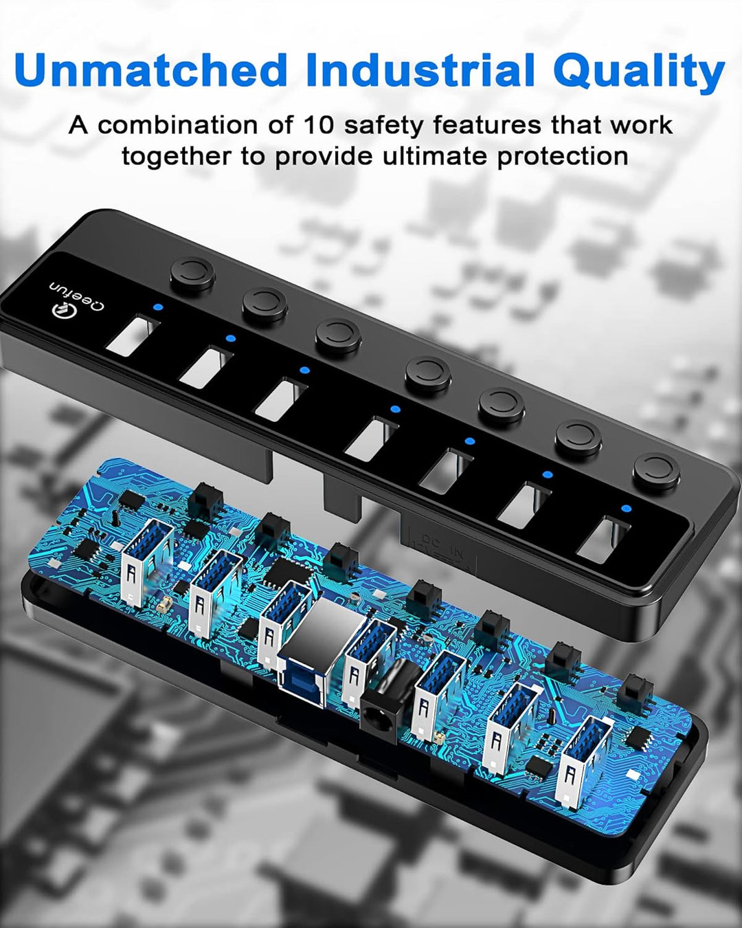 Qeefun Powered USB 3.0 Hub, 7-Ports USB Date Hub, 12V/2A 24W USB Extension Splitter und individuelle