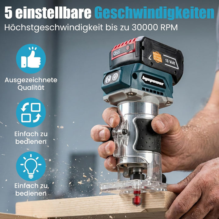 Akku Oberfräse für Bosch 18V Akku, 30000 RPM Bürstenloser Motor, 5-Stufen Kantenfräse, Kabellose Hol