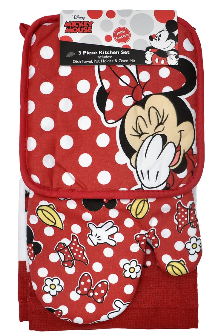 Disney Oven Mitt Pot Holder & Dish Towel 3 pc Kitchen Set (Minnie Mouse Red) Rot, Rot