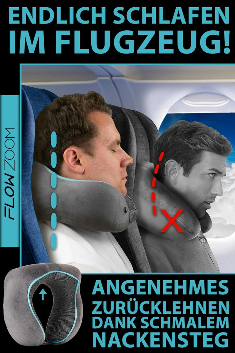 FLOWZOOM® Comfy Nackenhörnchen Nackenkissen Flugzeug & Auto Reise-Kissen aus Memory-Foam mit schmale