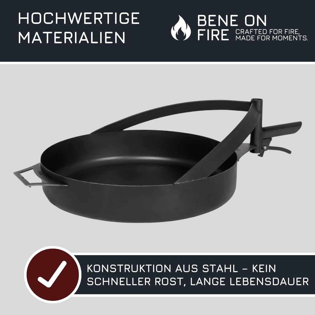 BENE ON FIRE Feuerschalen Grillpfanne Ø 50 cm mit Griff | Stahlpfanne schwarz 6,2 kg hitzebeständig