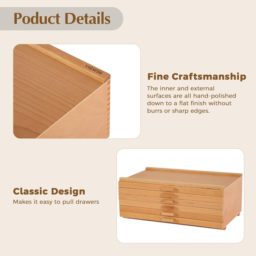 VISWIN 6-Schublade Holz Künstler Supply Storage Box mit abnehmbaren Trennwänden, Premium Buche Holz