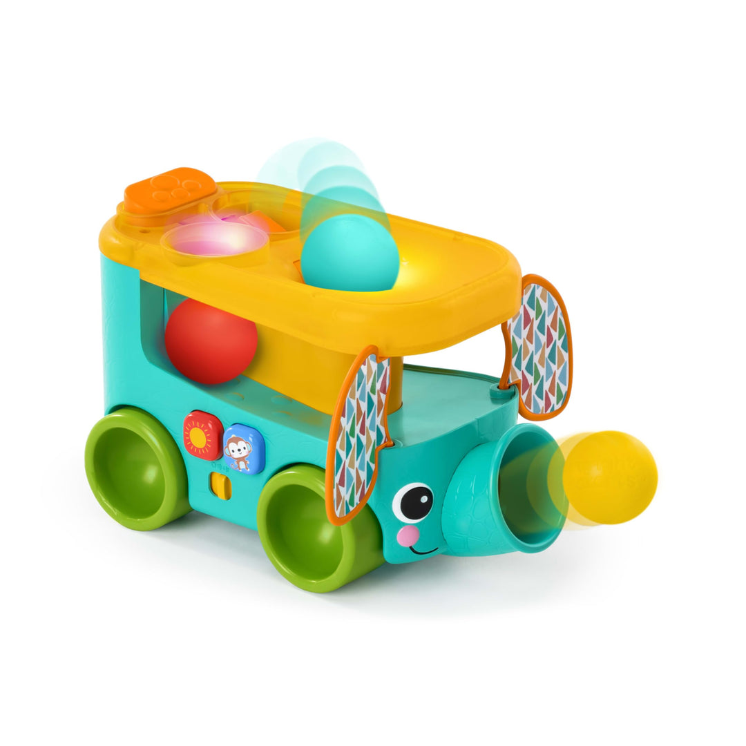 Bright Starts Pop & Roll Safari Bus Ballspielzeug, Elefanten Popper und Werfer, Baby Krabbelspielzeu
