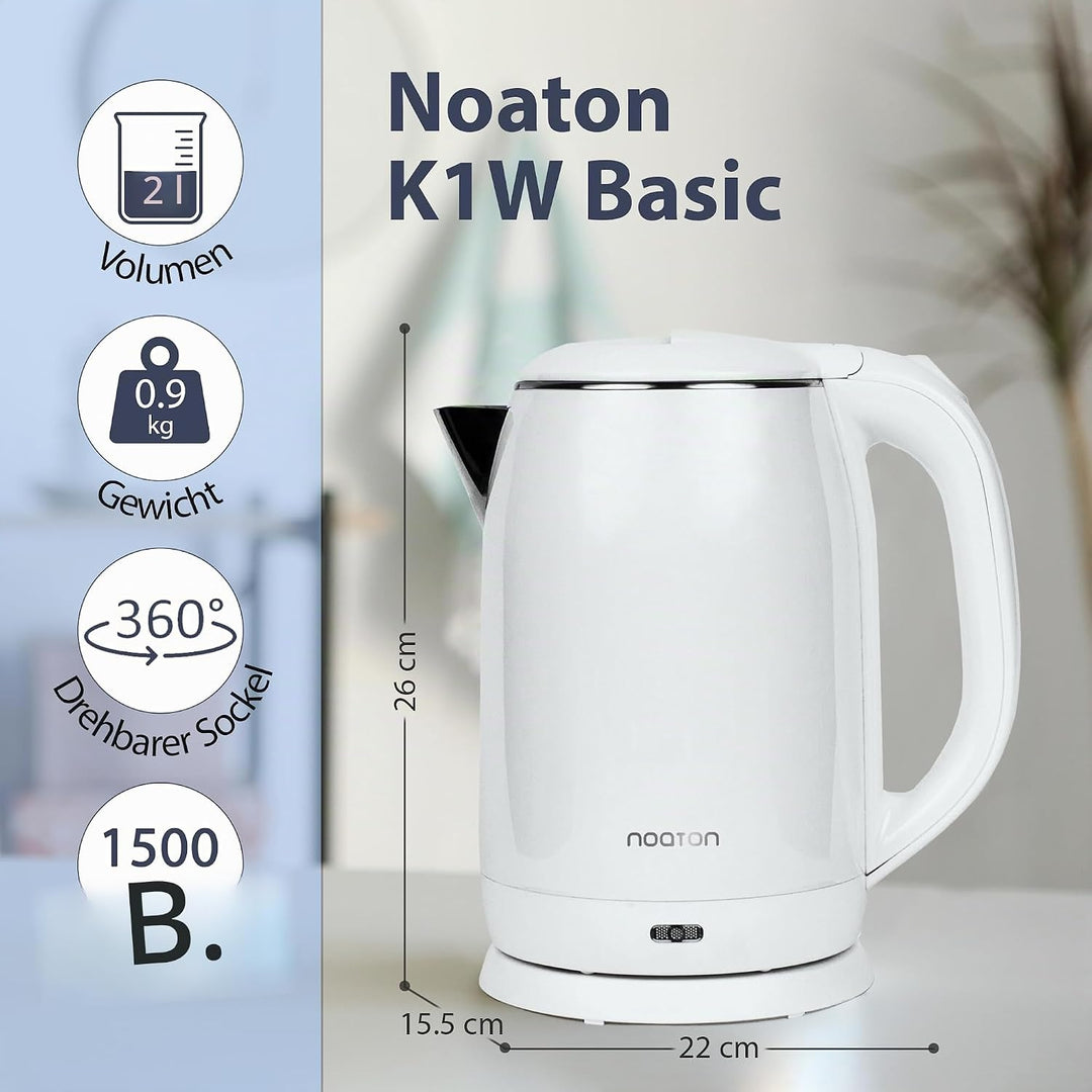 Noaton K1W Basic, Elektrische Wasserkocher, Kapazität 2L, Doppelwand-Design, Edelstahl, 1500 W, Leis