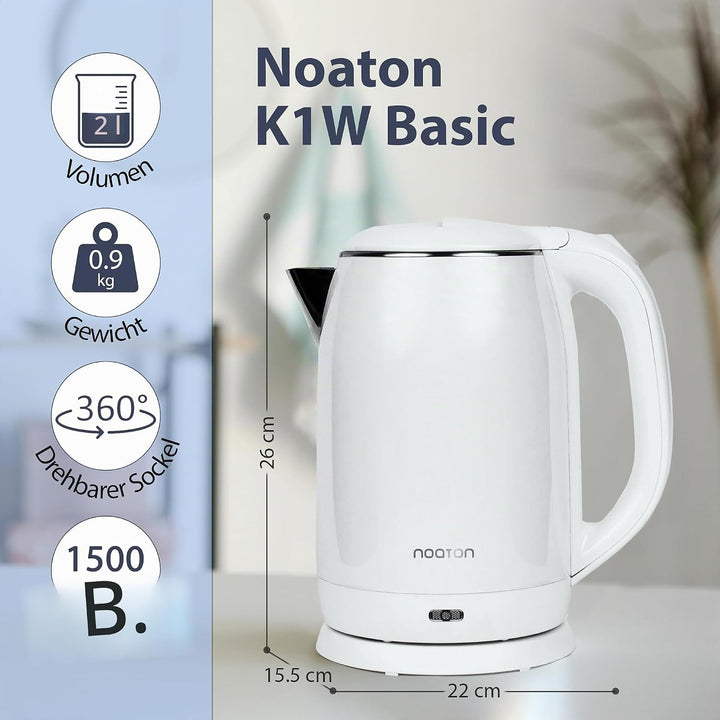 Noaton K1W Basic, Elektrische Wasserkocher, Kapazität 2L, Doppelwand-Design, Edelstahl, 1500 W, Leis