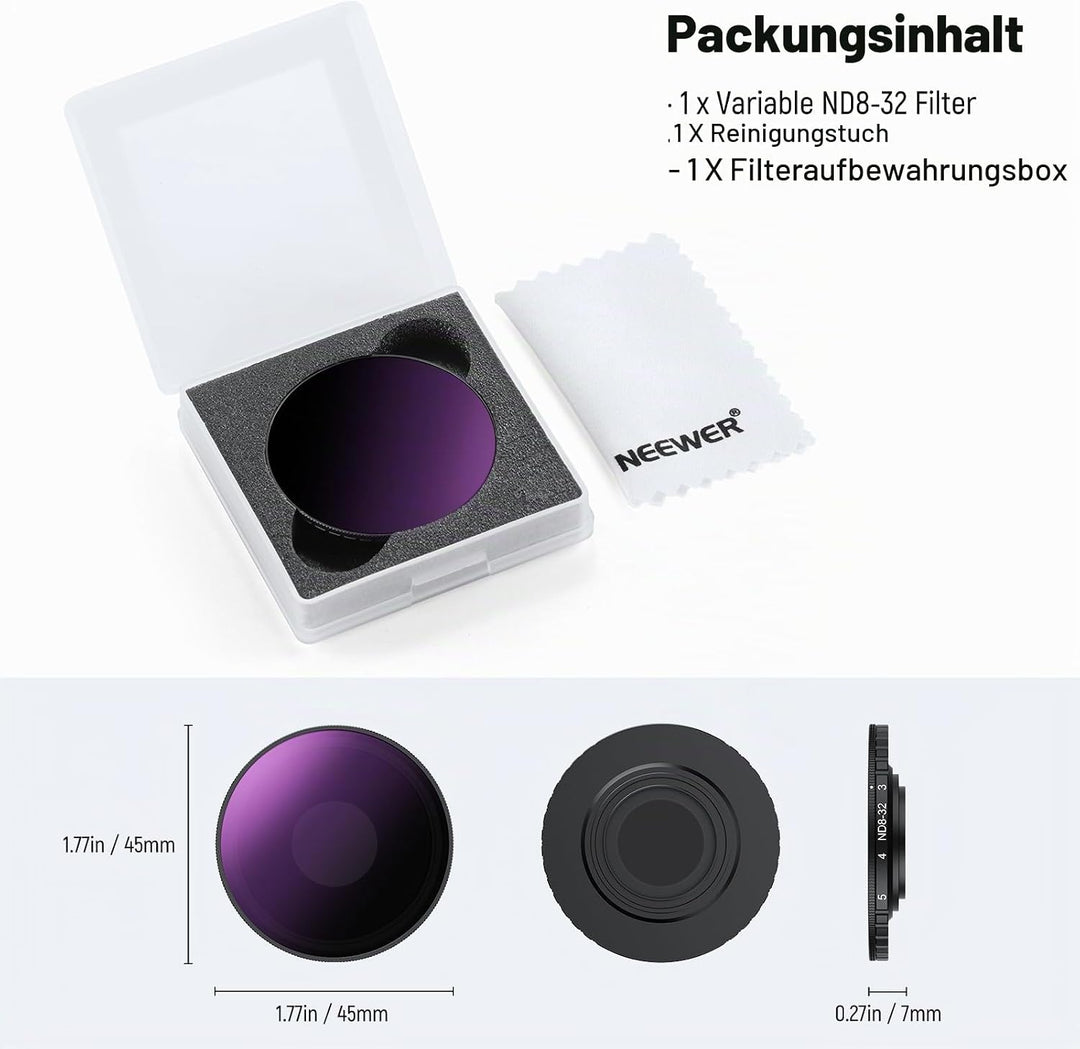 NEEWER Variabler ND Filter, kompatibel mit DJI Osmo Action 5 Pro Action 4, ND8-32 (3-5 Stops), aufsc