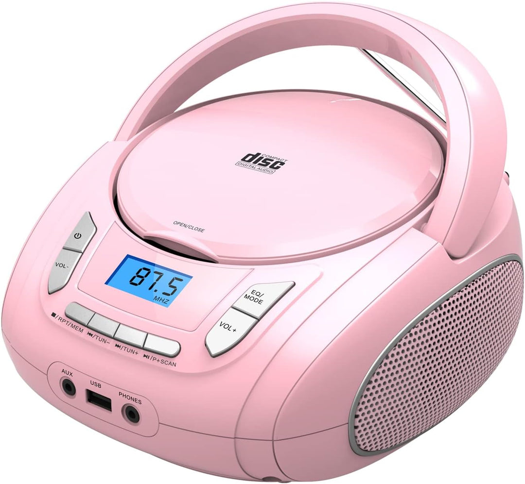 Tragbarer CD-Player für Kinder - Radio-CD-Boombox mit Bluetooth, FM-Radio, USB-Eingang & AUX-Anschlu