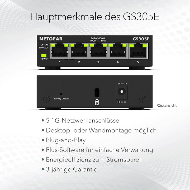 Netgear GS305E Managed Switch 5 Port Gigabit Ethernet LAN Switch Plus (Plug-and-Play, Netzwerk Switc