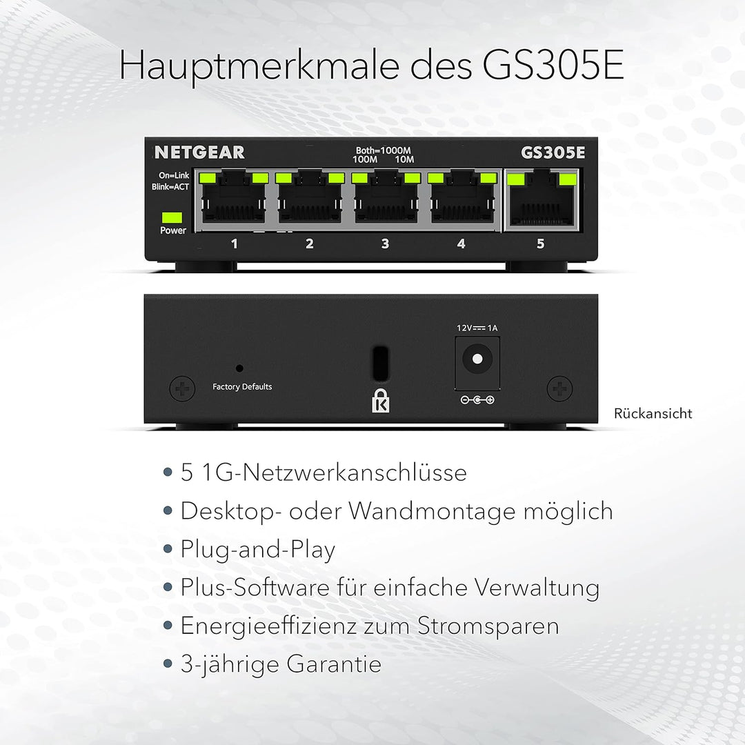Netgear GS305E Managed Switch 5 Port Gigabit Ethernet LAN Switch Plus (Plug-and-Play, Netzwerk Switc