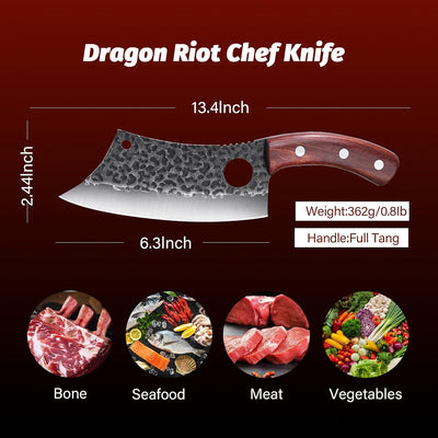 DRAGON RIOT Hackmesser Japanisch, Wikinger Messer mit Holzgriff, Fleischermesser Profi Hackbeil für