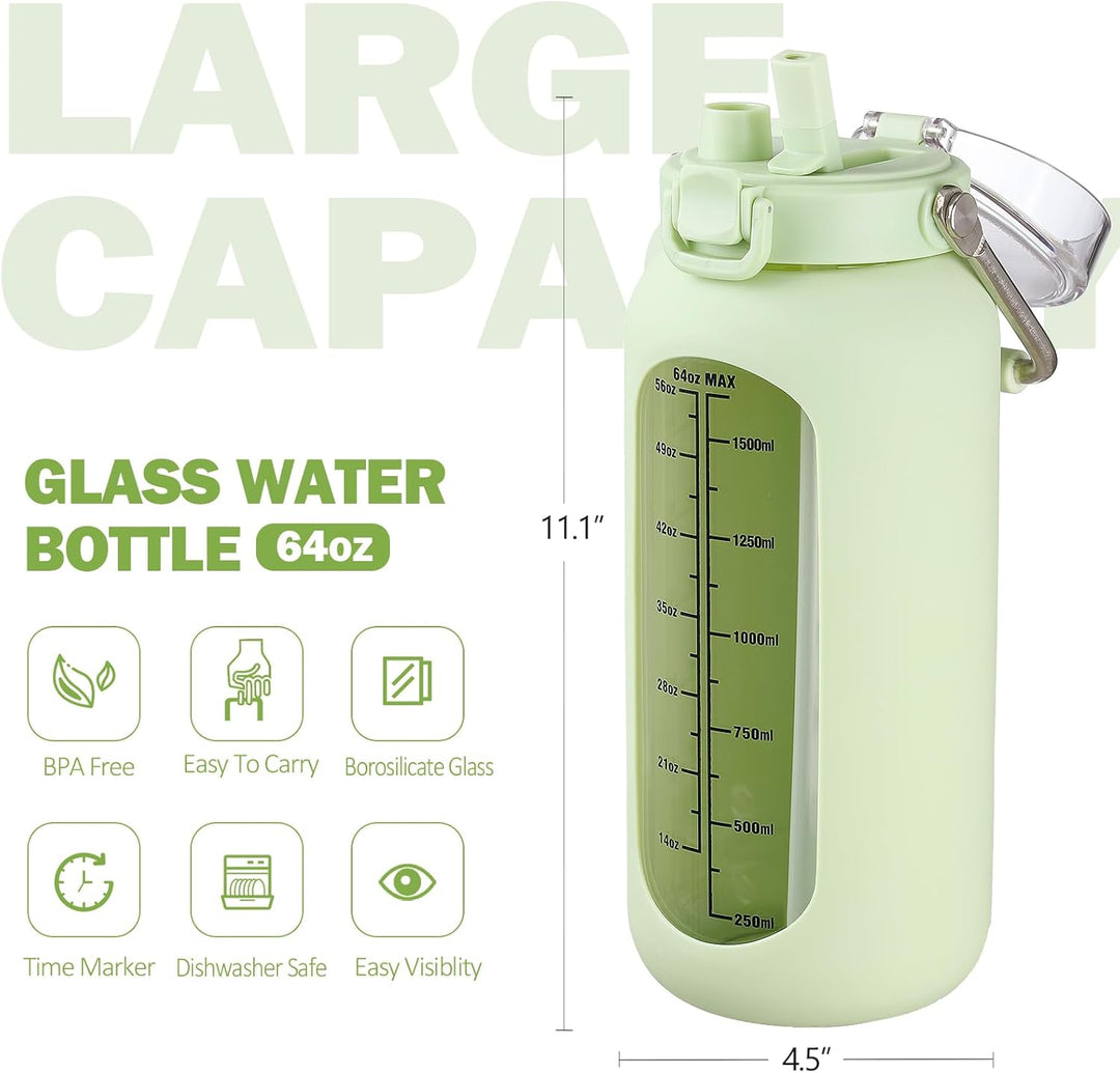 BLUEGO 2000ml Glaswasserflasche mit Edelstahlgriff und Zeitmarkierung 2L Trinkflasche Borosilikatgla