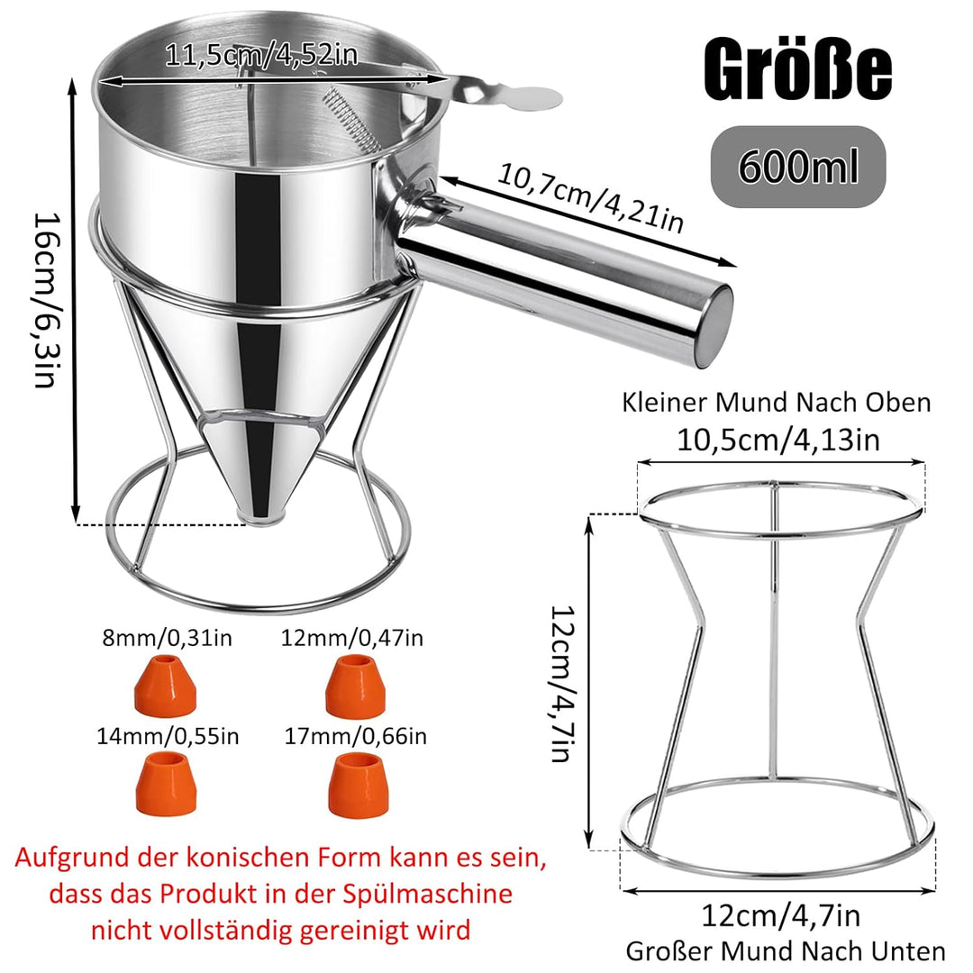 Pfannkuchen Teigspender, 600ml Pfannkuchen Teigspender Teigportionierer Edelstahl, Backtrichter Kolb