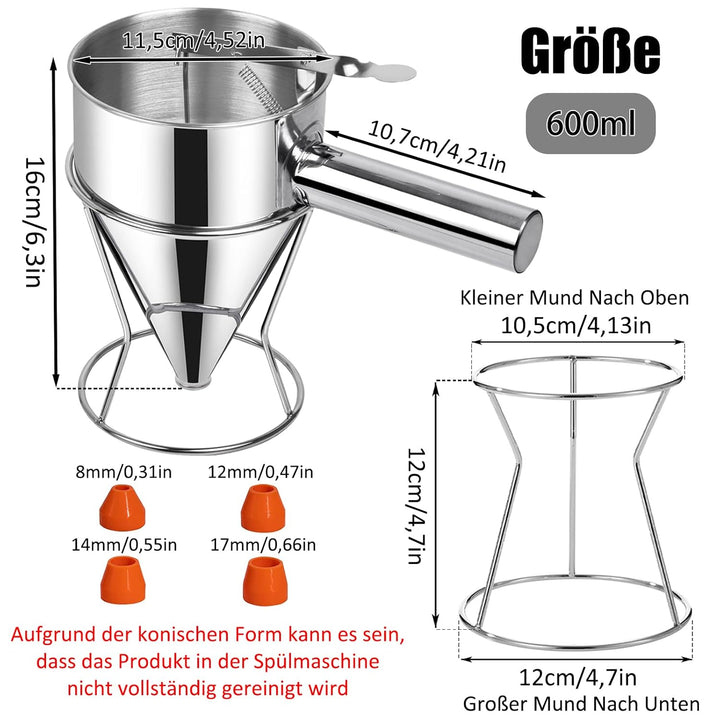 Pfannkuchen Teigspender, 600ml Pfannkuchen Teigspender Teigportionierer Edelstahl, Backtrichter Kolb