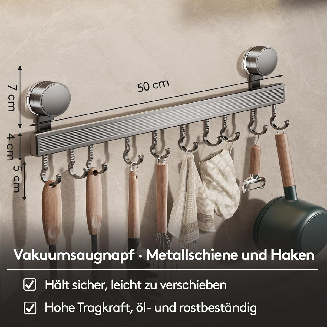 FERCOSEN Hakenleiste Küche ohne Bohren mit Saugnapf | 10 Haken, 50 cm lang, 20 kg Tragfähigkeit, 1-M
