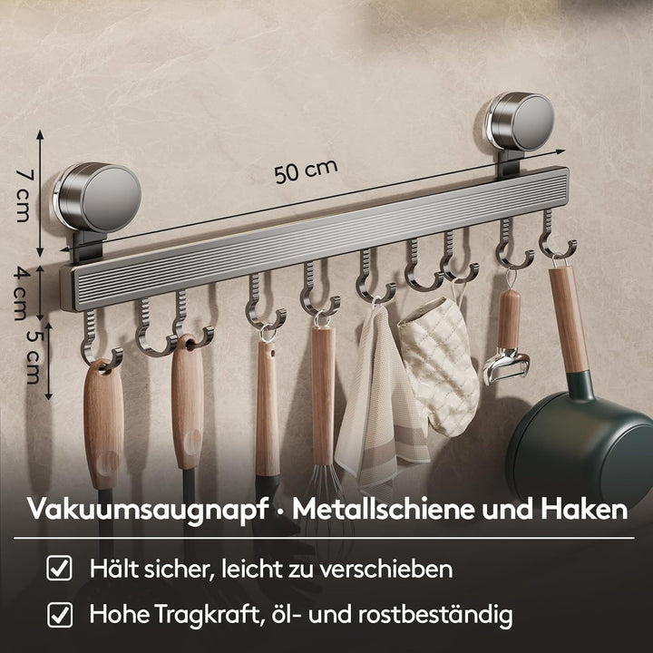 FERCOSEN Hakenleiste Küche ohne Bohren mit Saugnapf | 10 Haken, 50 cm lang, 20 kg Tragfähigkeit, 1-M