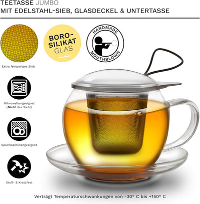 Creano Jumbo Tee-Tasse XXL mit Henkel und integriertem Edelstahlsieb, Glas-Deckel und Untertasse | 4