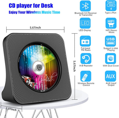 Tragbarer CD-Player, Bluetooth CD Kpop Player für Desktop mit HiFi-Sound-Lautsprecher, niedlicher FM