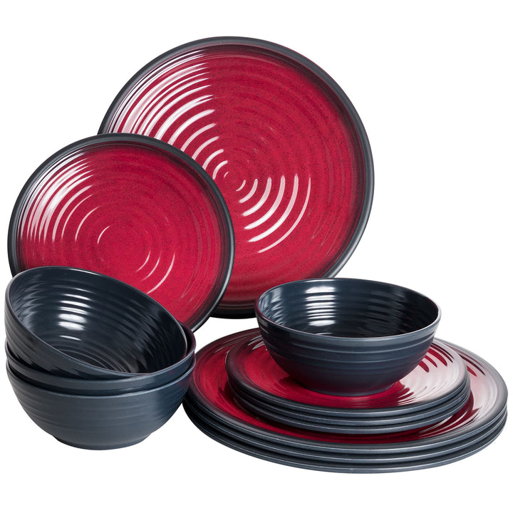 Melamin Geschirr Set Rot Schwarz für 4 Personen Tonoptik - Essgeschirr - Campinggeschirr Picknick id